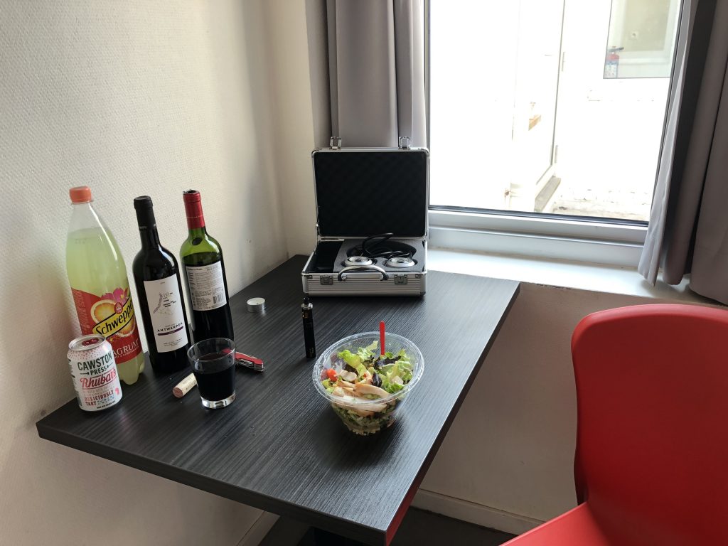 portable audio set up in hotel room
