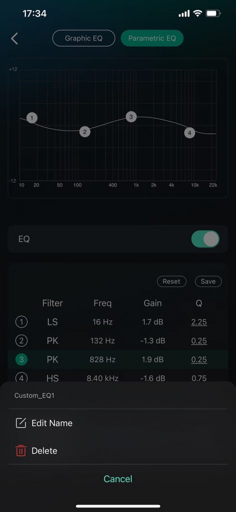 Screenshot of the WiiM Mini app showing the parametric EQ settings and frequency curve.